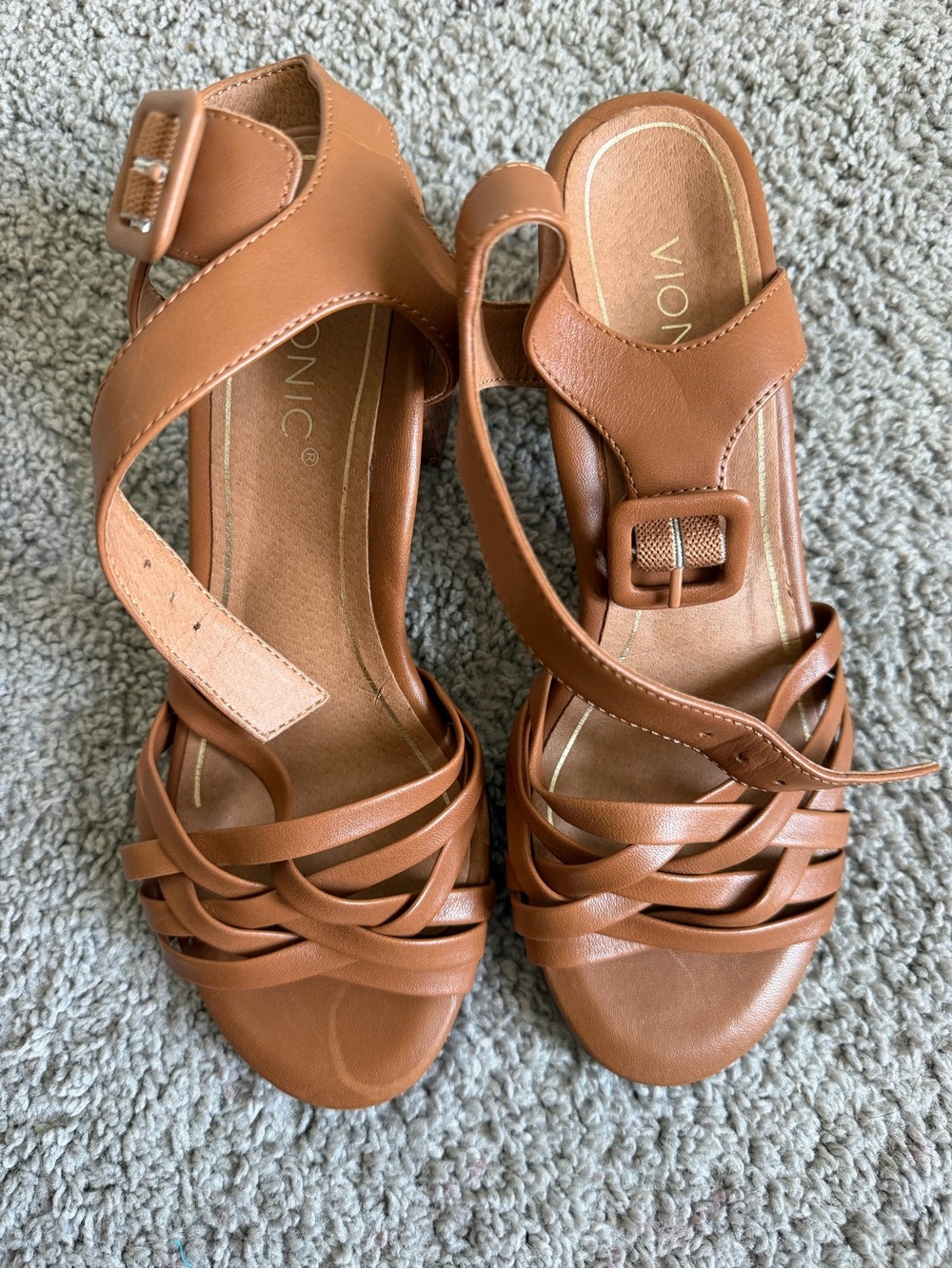 Vionic Tan Strappy Leather Sandals with Buckle
